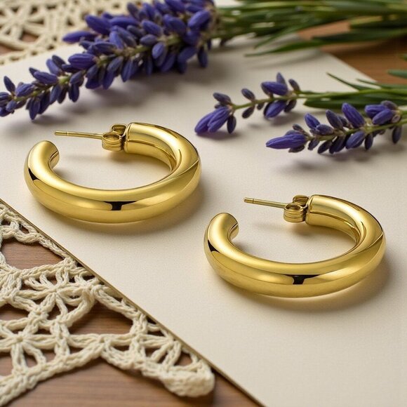 Chunky C Hoop Earrings 18K Gold Plated Stainless Steel Statement Modern - Picture 13 of 13